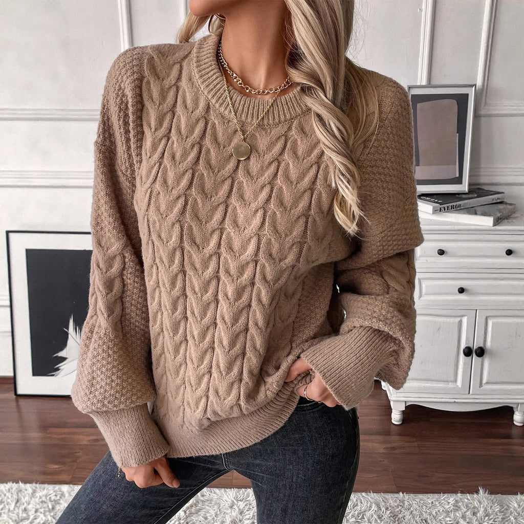 Women's loose casual pullover sweater with twist design in beige colour