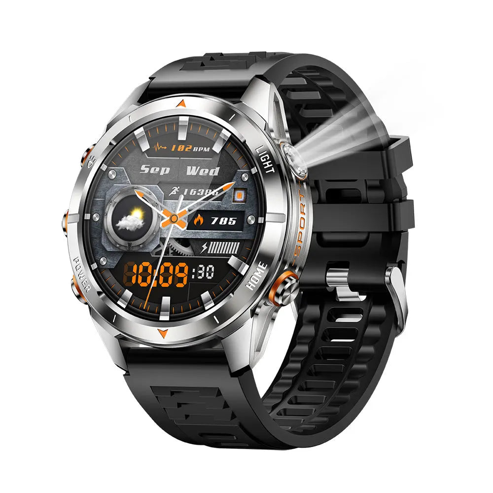 KT80 Smart Watch with full HD IPS screen and black silicone strap showing Bluetooth calling and health monitoring features