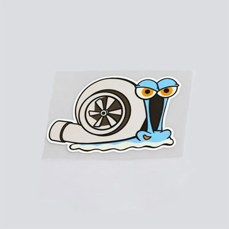 Reflective cartoon snail car bumper sticker measuring 12 by 8 centimetres.