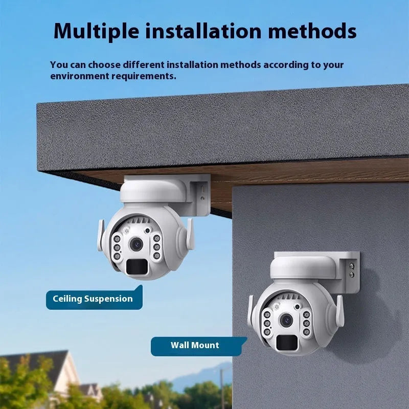 Solar panel security camera with antenna for 4G/WiFi, shown in camouflage colour option.