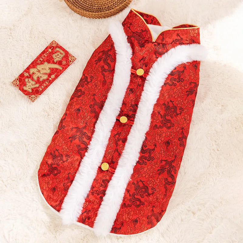 Chinese-style cotton-padded dog Tang suit with rabbit fur collar for large and medium-sized dogs