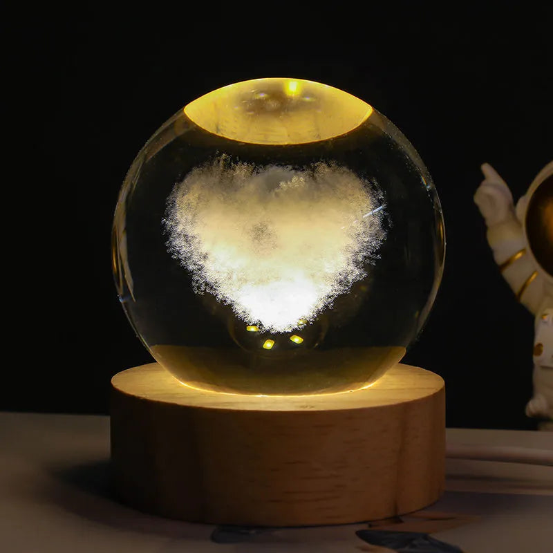 3D crystal ball night lamp with starry sky planets and moon projection on wooden base
