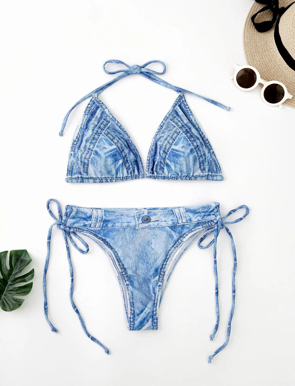 Women's denim pattern two-piece bikini swimsuit set in colourful colour, polyester fabric, front view