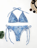 Women's denim pattern two-piece bikini swimsuit set in colourful colour, polyester fabric, front view