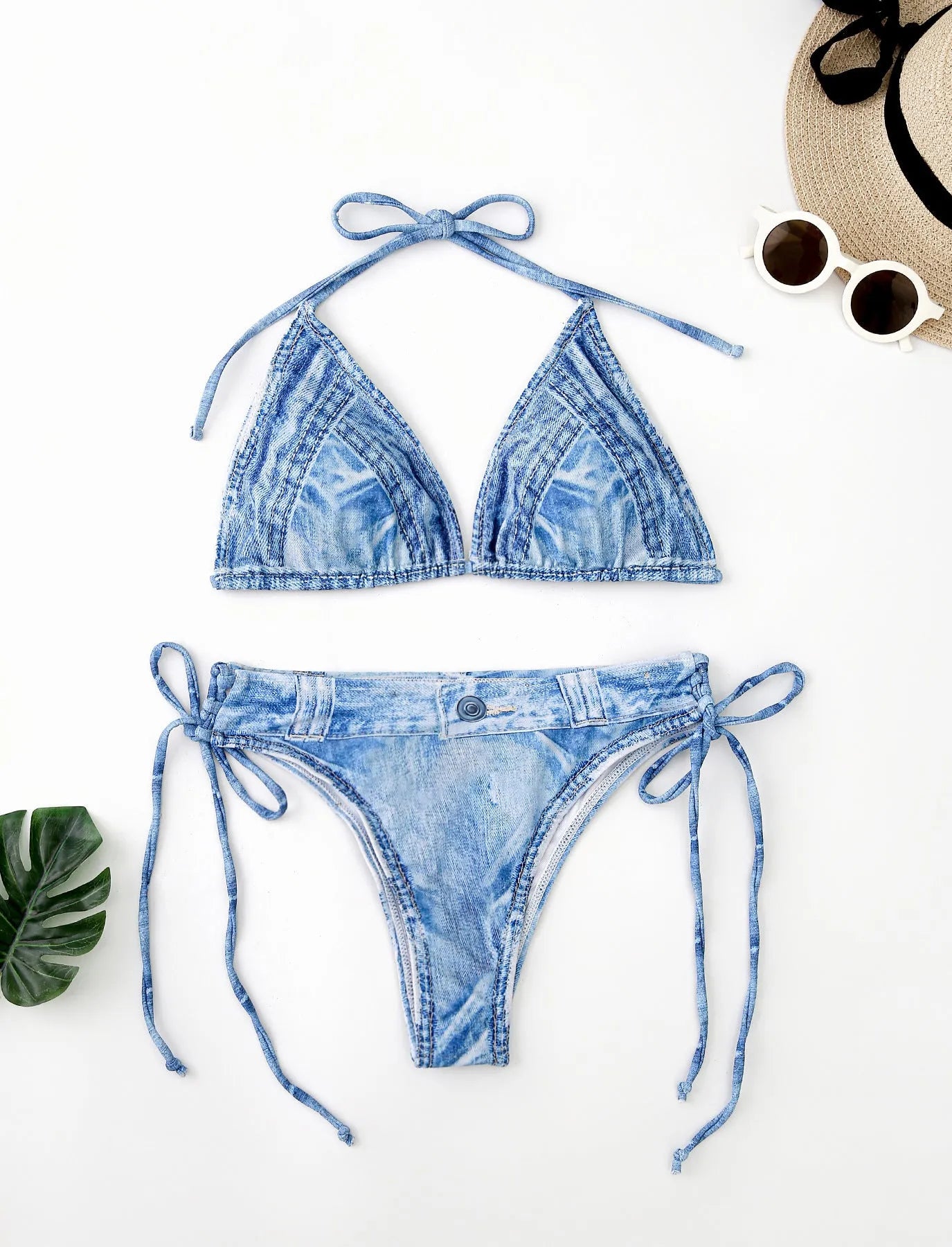 Women's denim pattern two-piece bikini swimsuit set in colourful colour, polyester fabric, front view