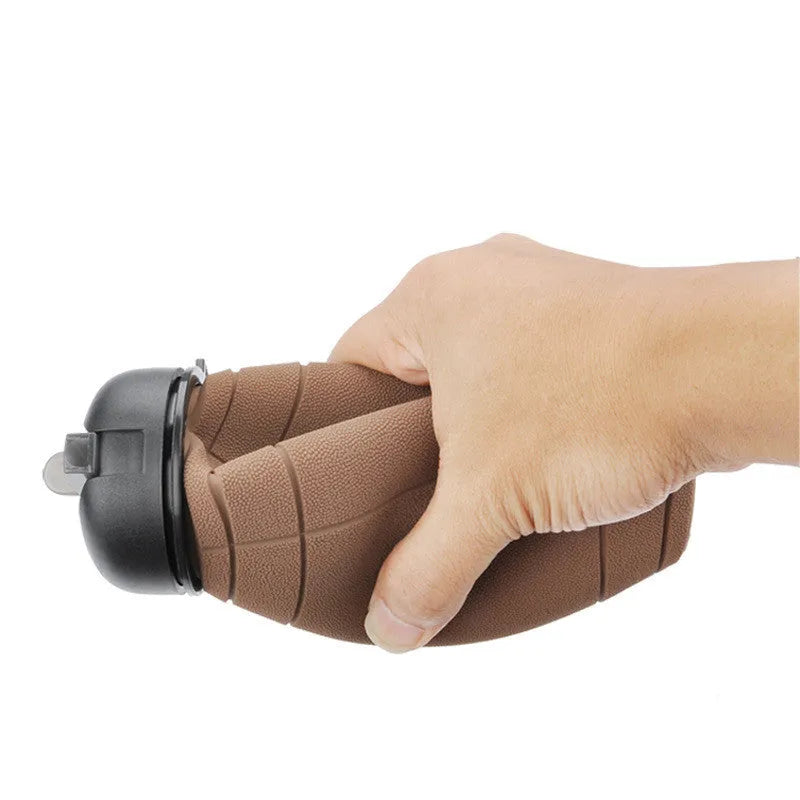 Brown collapsible sports water bottle in rugby ball shape with 600ml capacity and non-slip silicone grip