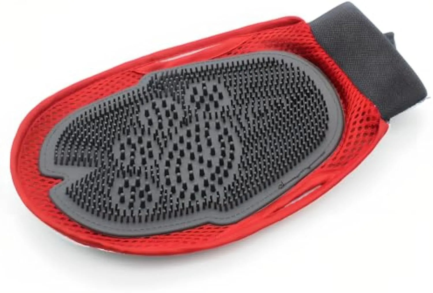 Red pet grooming glove with silicone bristles for washing and hair removal