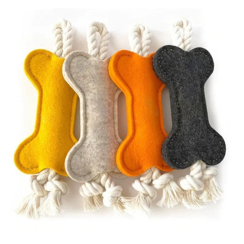 Durable bone-shaped dog rope chew toy with felt cover in four colour options