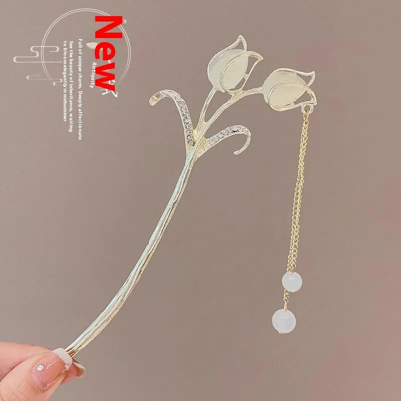 Chinese style ebony hairpin with electroplated alloy and floral ancient design