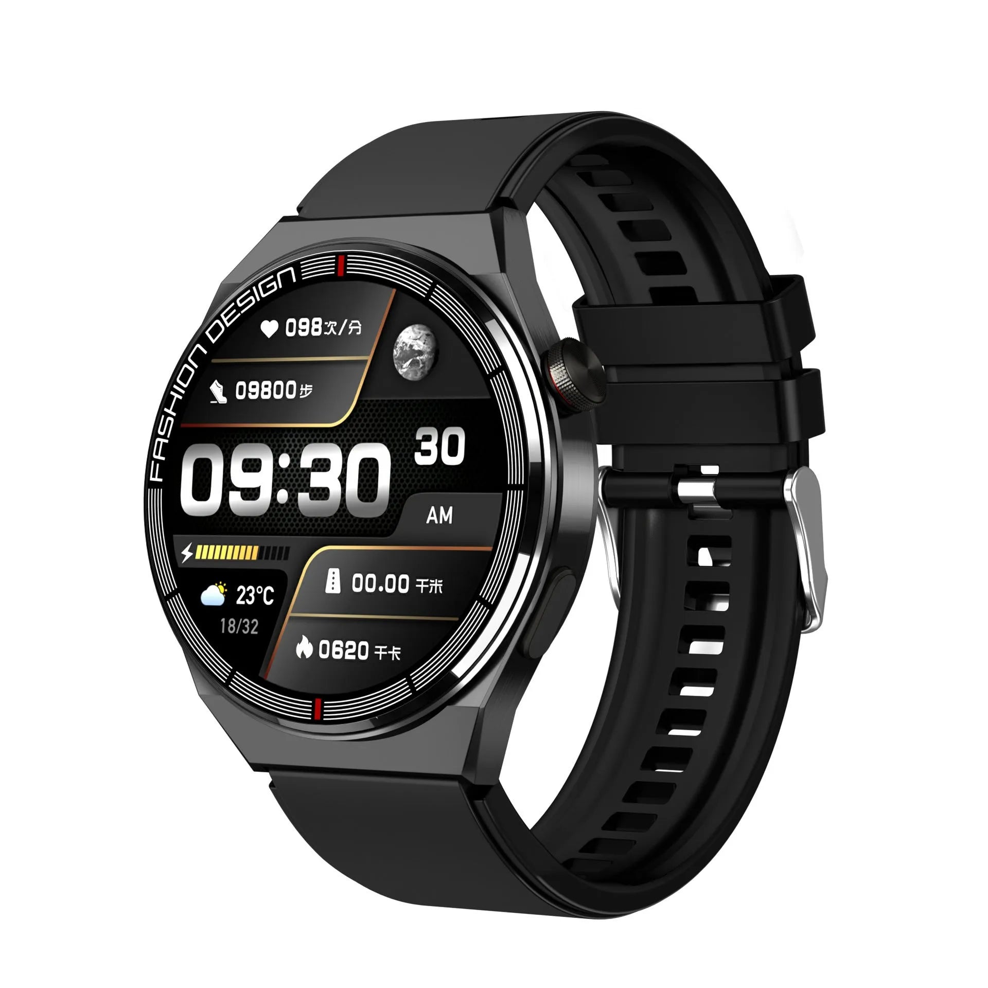 Black Bluetooth smartwatch with heart rate monitoring on silicone strap showing 1.28-inch screen