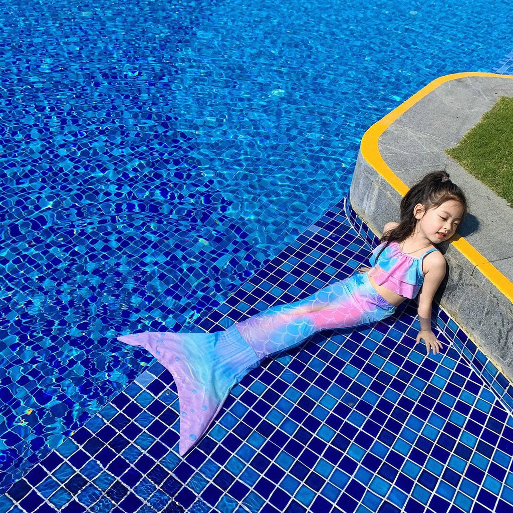 Children's swimsuit bikini with fish tail skirt in dark pink, polyester fabric, sizes 90-160