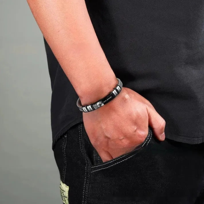 Men's heart shape bracelet made from titanium steel, leather, and rope with bead lettering options.