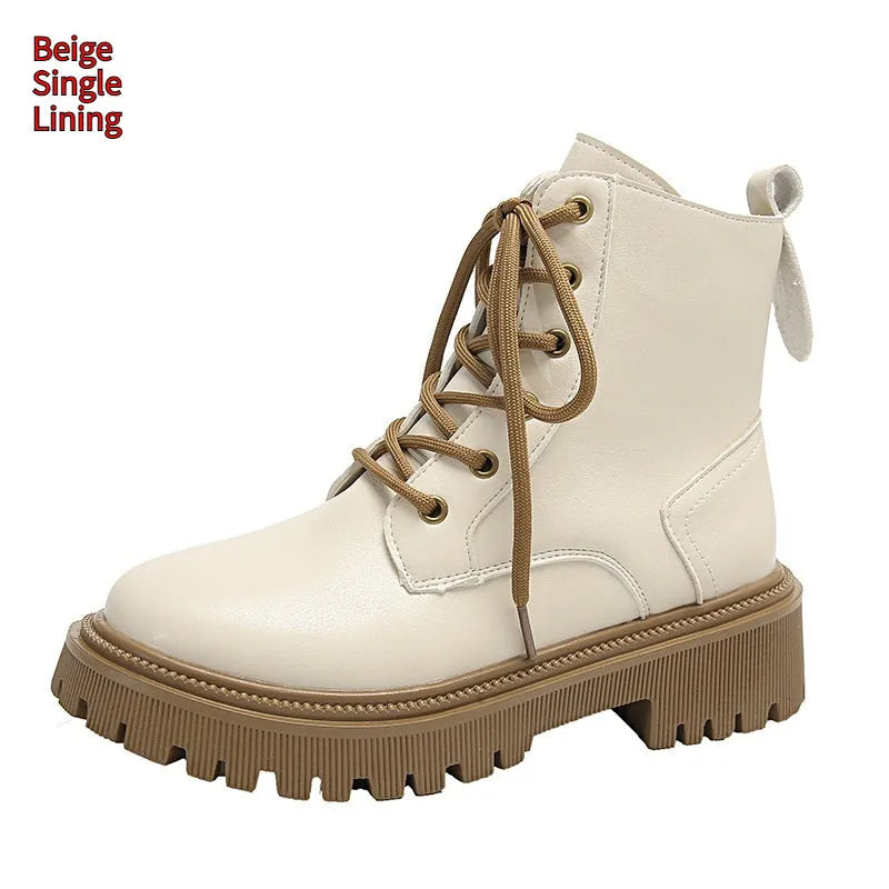 Beige women's winter Martin boots mid heel 3-5cm Korean style