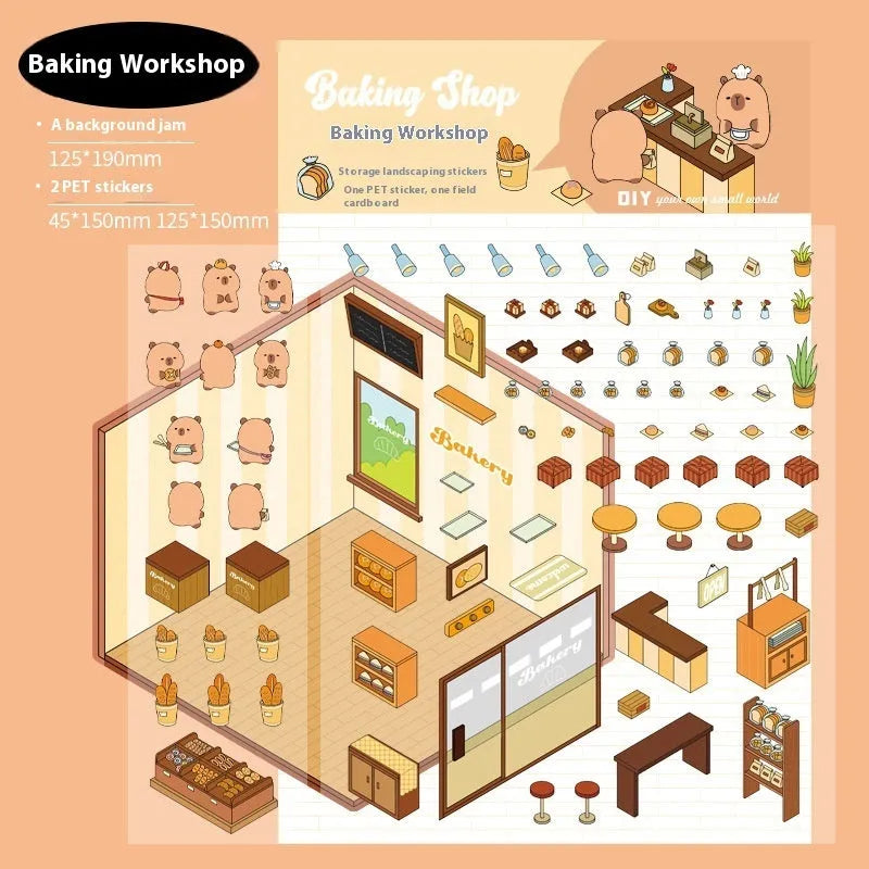Capabala cut-free cartoon PET decorative sticker sheet in eight colour themes on a 190x125mm sheet.