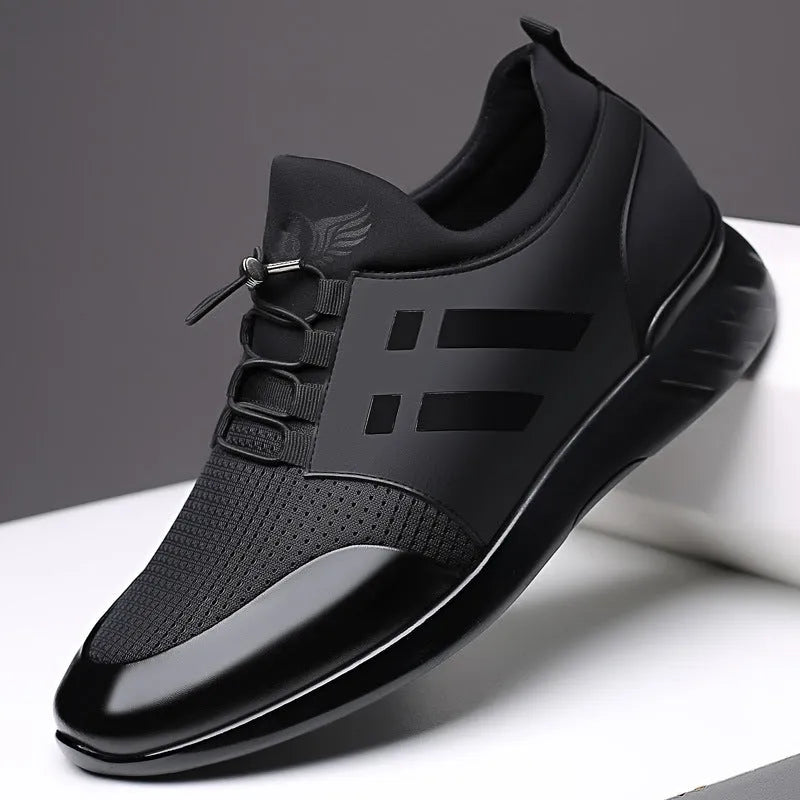 Men's black casual height increasing shoes with chunky heel and round toe in leather, mesh, or Lycra.