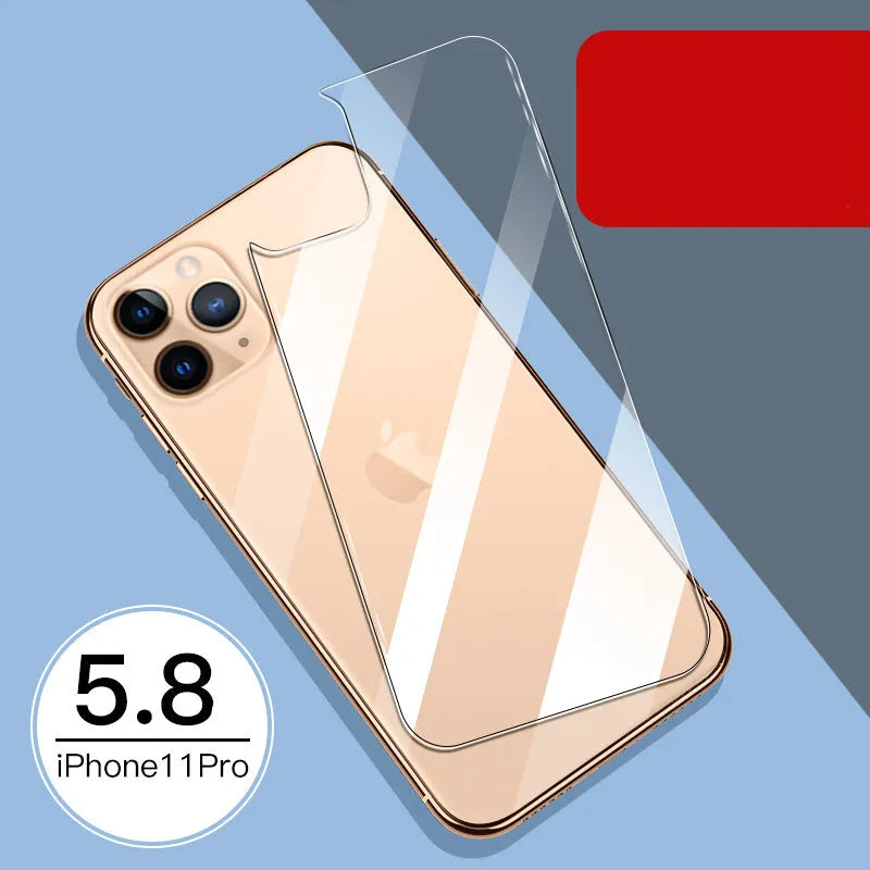Apple iPhone tempered glass screen protector set showing front and rear film with true 10D explosion-proof construction