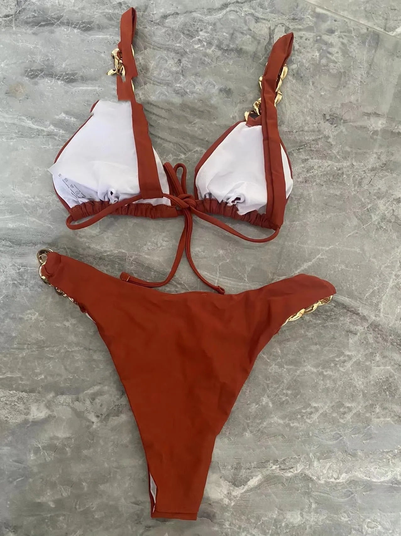 Brown nylon tube-top push up bikini split swimsuit for women with sleeveless design