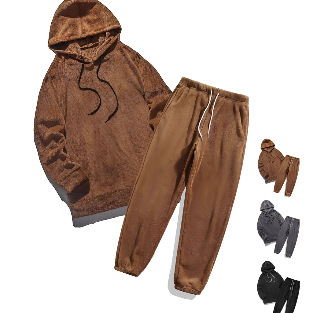 Coral fleece coat set with long sleeve top and trousers in polyester fibre, available in four colours and Asian sizes S to 2XL