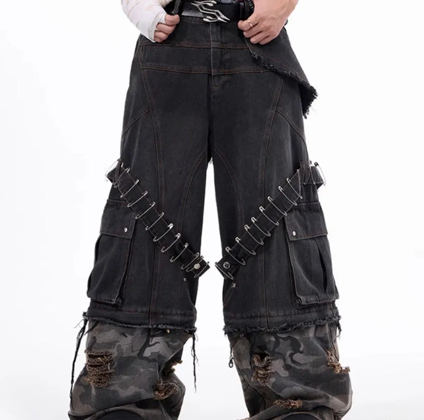 Men's grey camouflage jeans with splicing construction and pin ribbon details