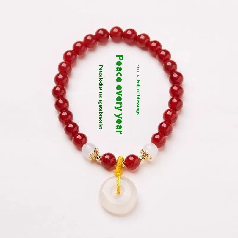 Handmade Chinese-style safety buckle bracelet with 6mm agate and strawberry quartz beads