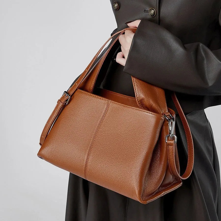Women's retro texture cowhide messenger bag in horizontal square shape with double shoulder straps