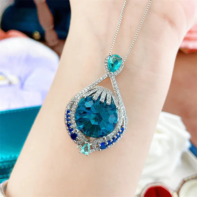 Blue geometric gem pendant necklace with water wave chain for women