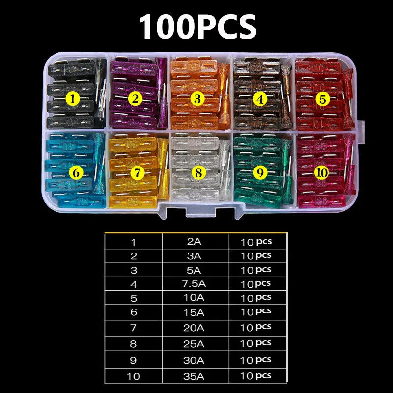 Box containing medium-sized plug-in fuses for automotive low voltage circuits
