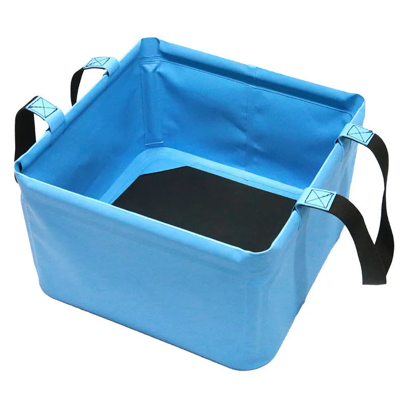 Square folding fishing bucket in outdoor setting, multi-colour coated design with handle