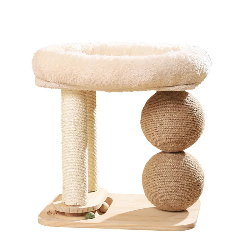 Pine wood cat nest with dual grasping balls in simple style