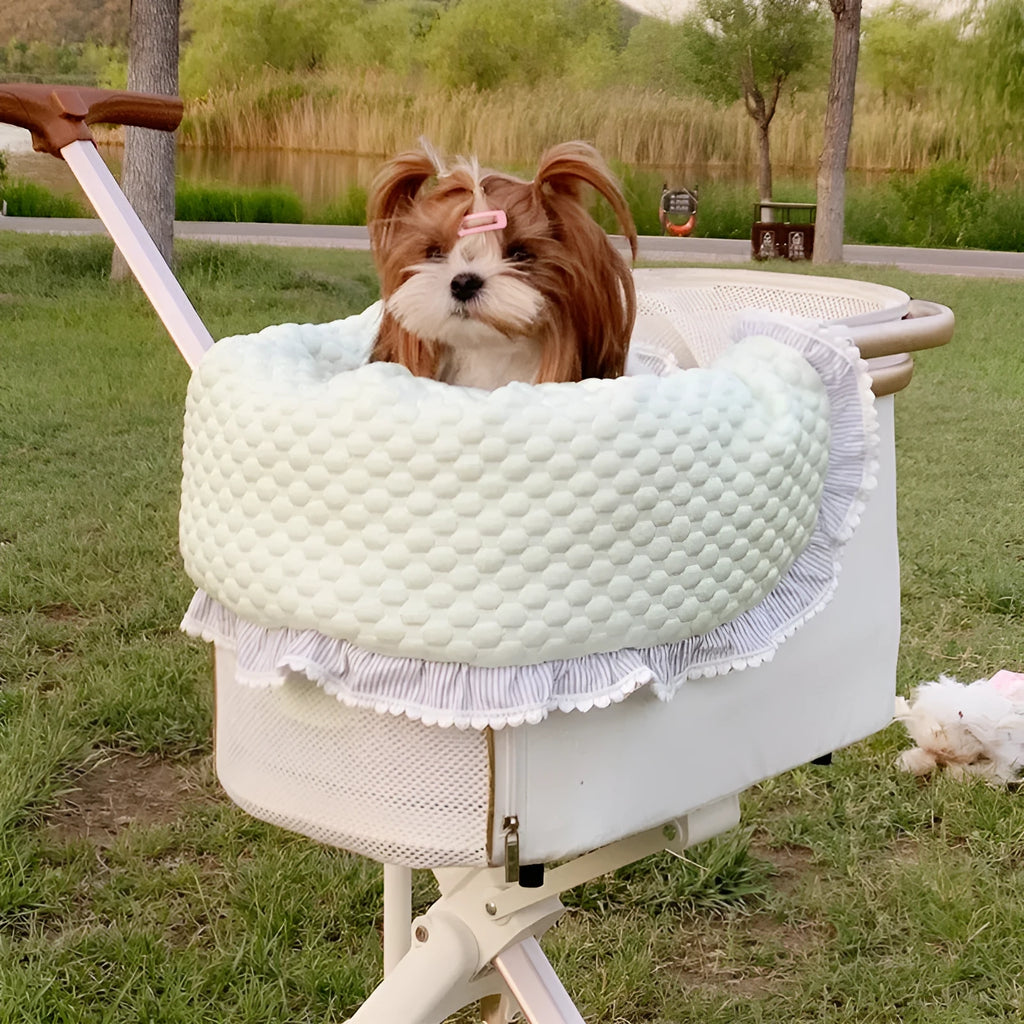 Pet stroller accessory set with cotton towel, cushion and pillow in green grey stripe pattern