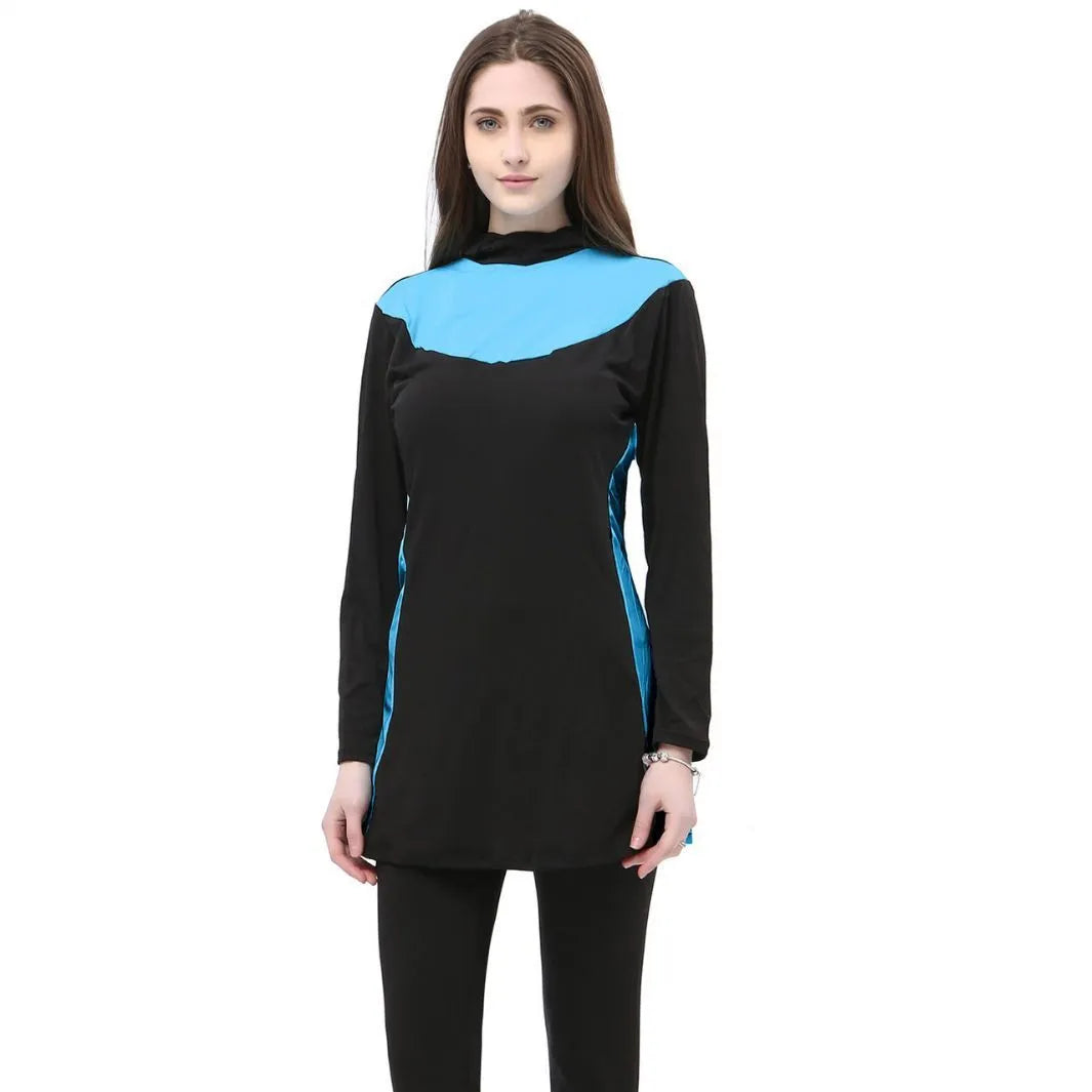 Conservative black women's swimsuit set with long sleeves, a hood, and separate pants.