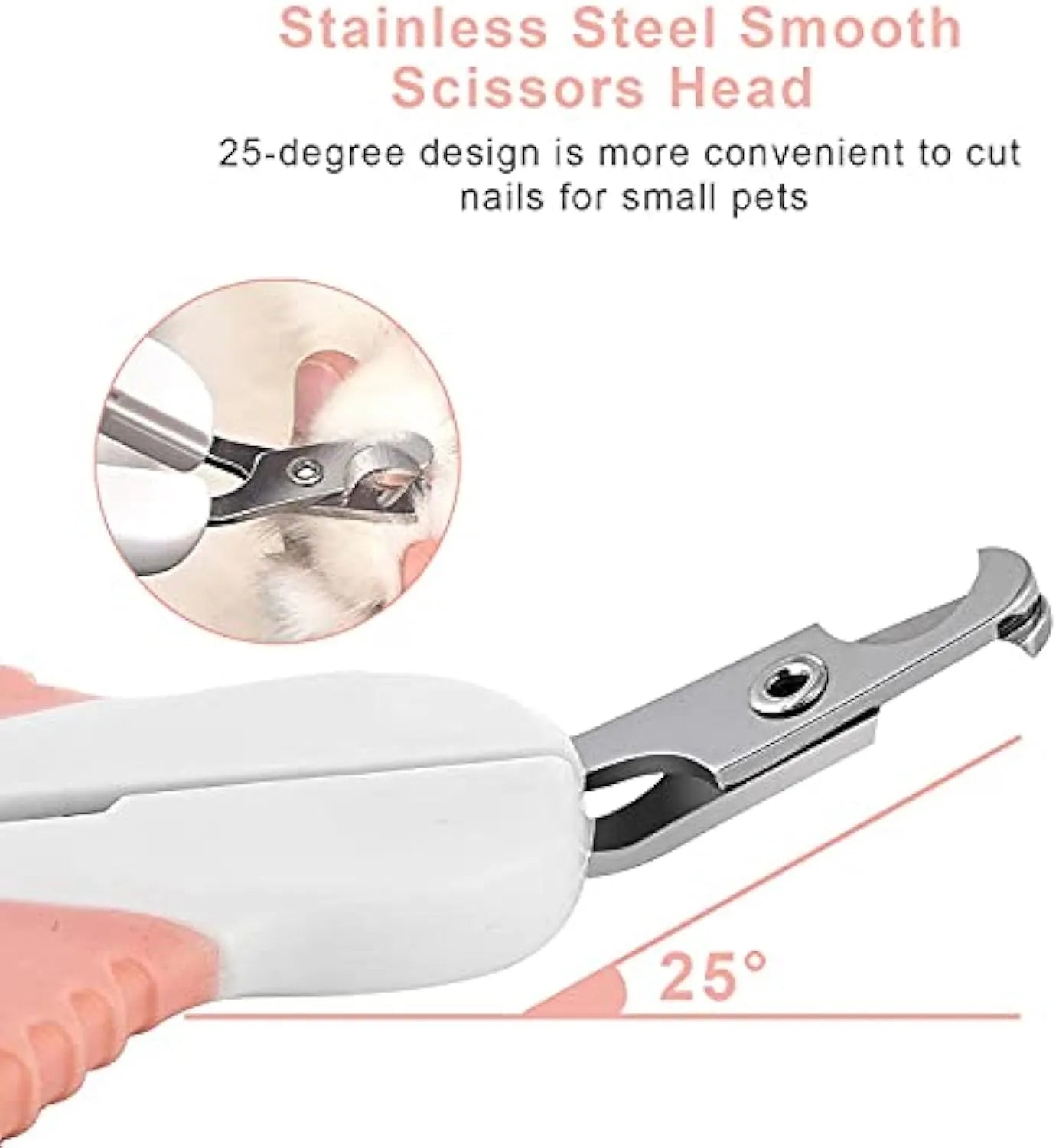 Grey and pink stainless steel cat nail clippers with angled blade and safety lock