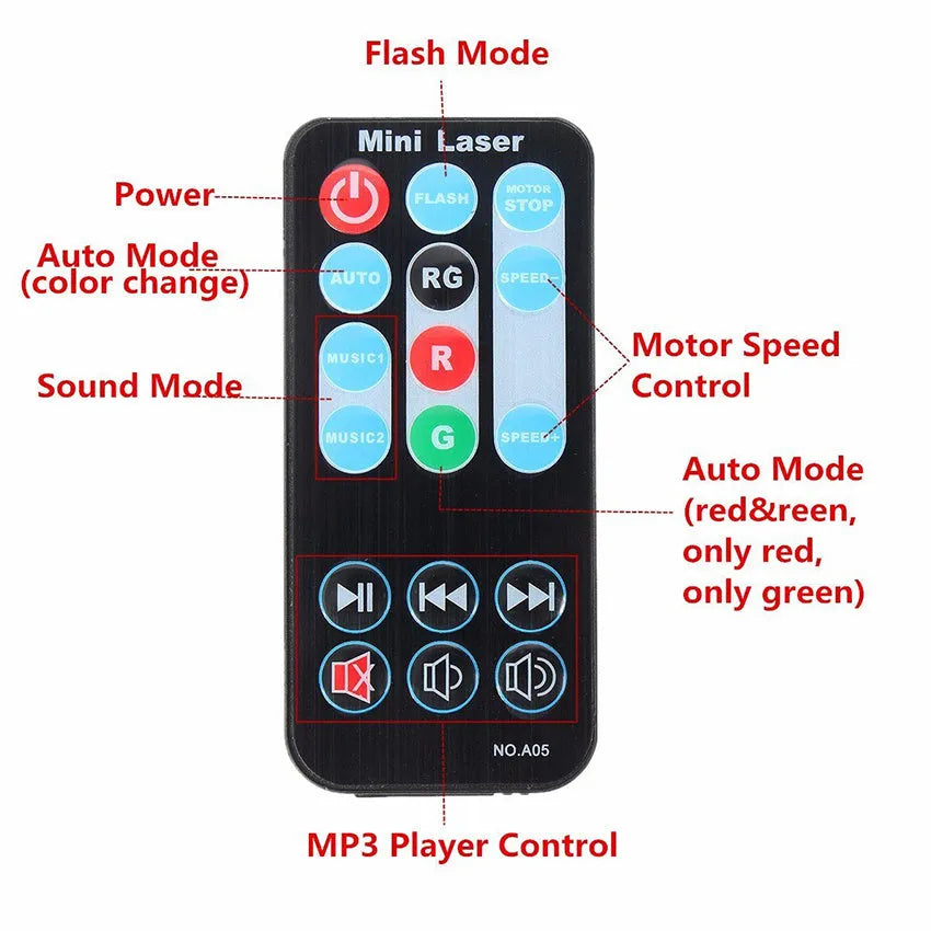 KTV laser light with red and green beams projected on wall, compact black unit with bracket