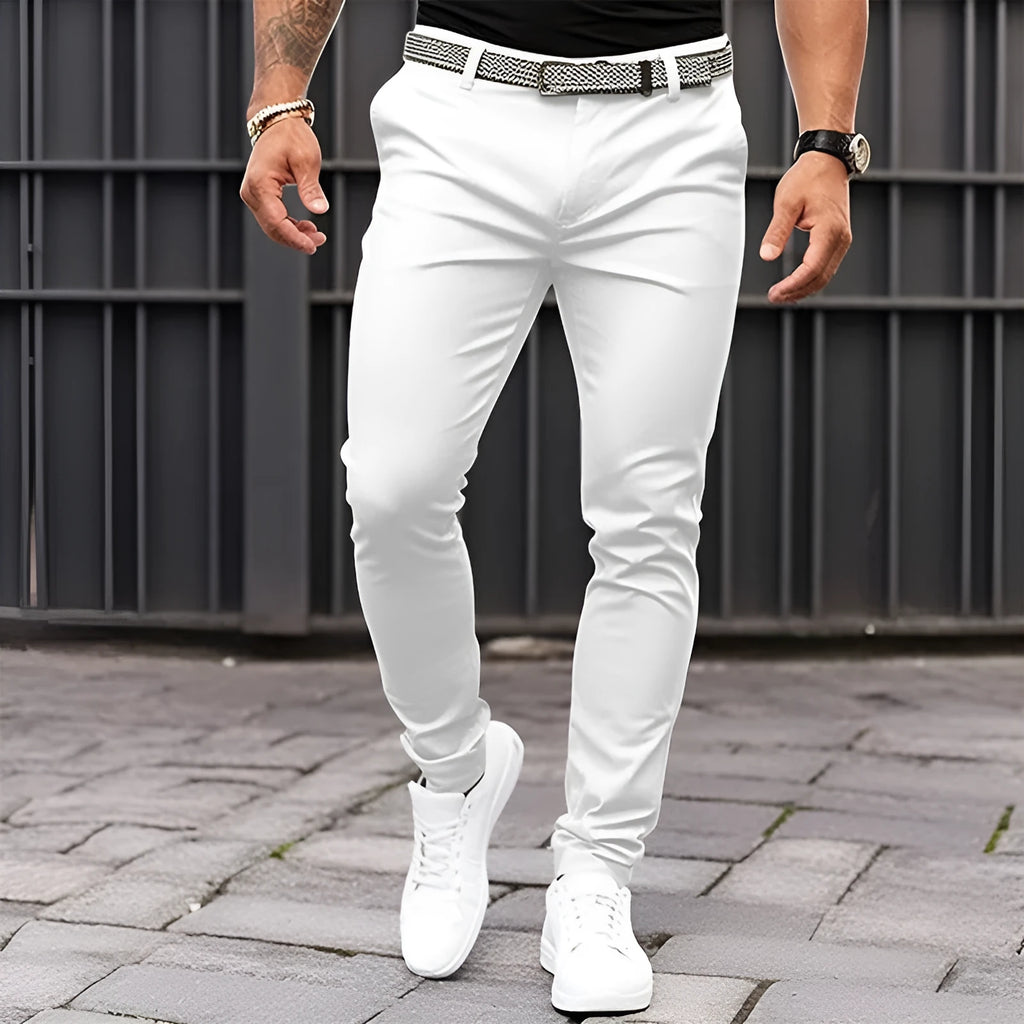 Men's pure colour slim-fit trousers in black, micro-elastic cotton blend, side pockets, mid-waist zip placket