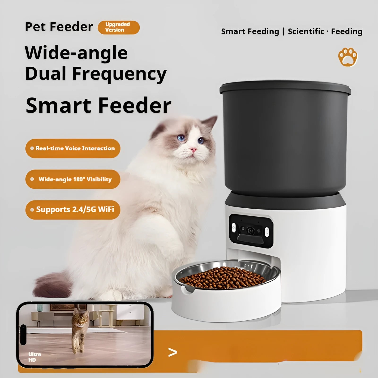 4-litre smart pet feeder with camera and stainless steel bowl for cats and dogs