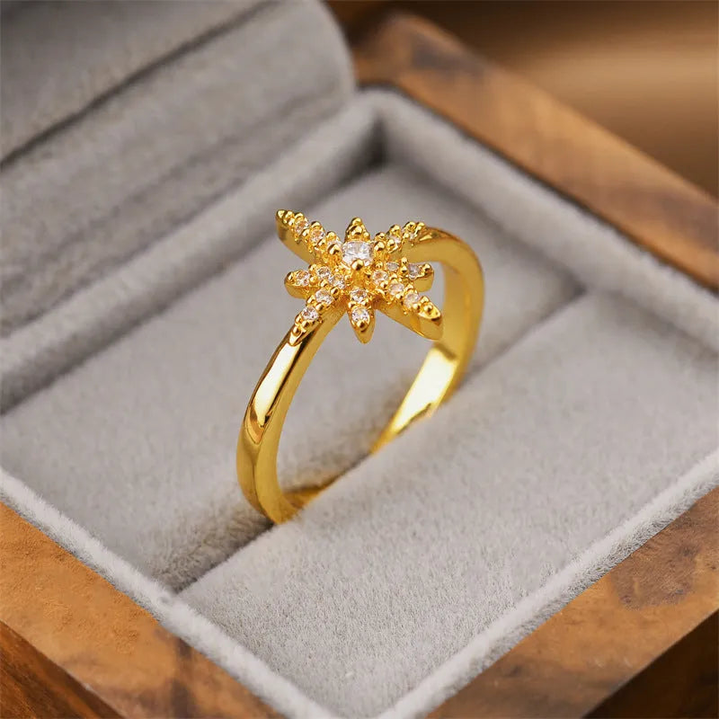 Open geometric gold electroplated ring with Korean fashion design on adjustable display