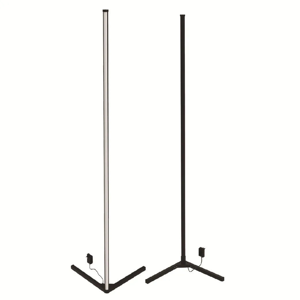 Black smart RGB floor lamp with aluminium alloy body and silicone shade, shown with remote control
