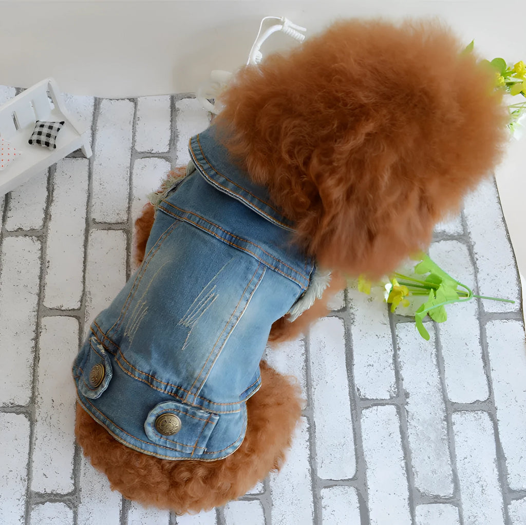 Denim dog vest with retro scratch pattern in blue wash for small to medium breeds