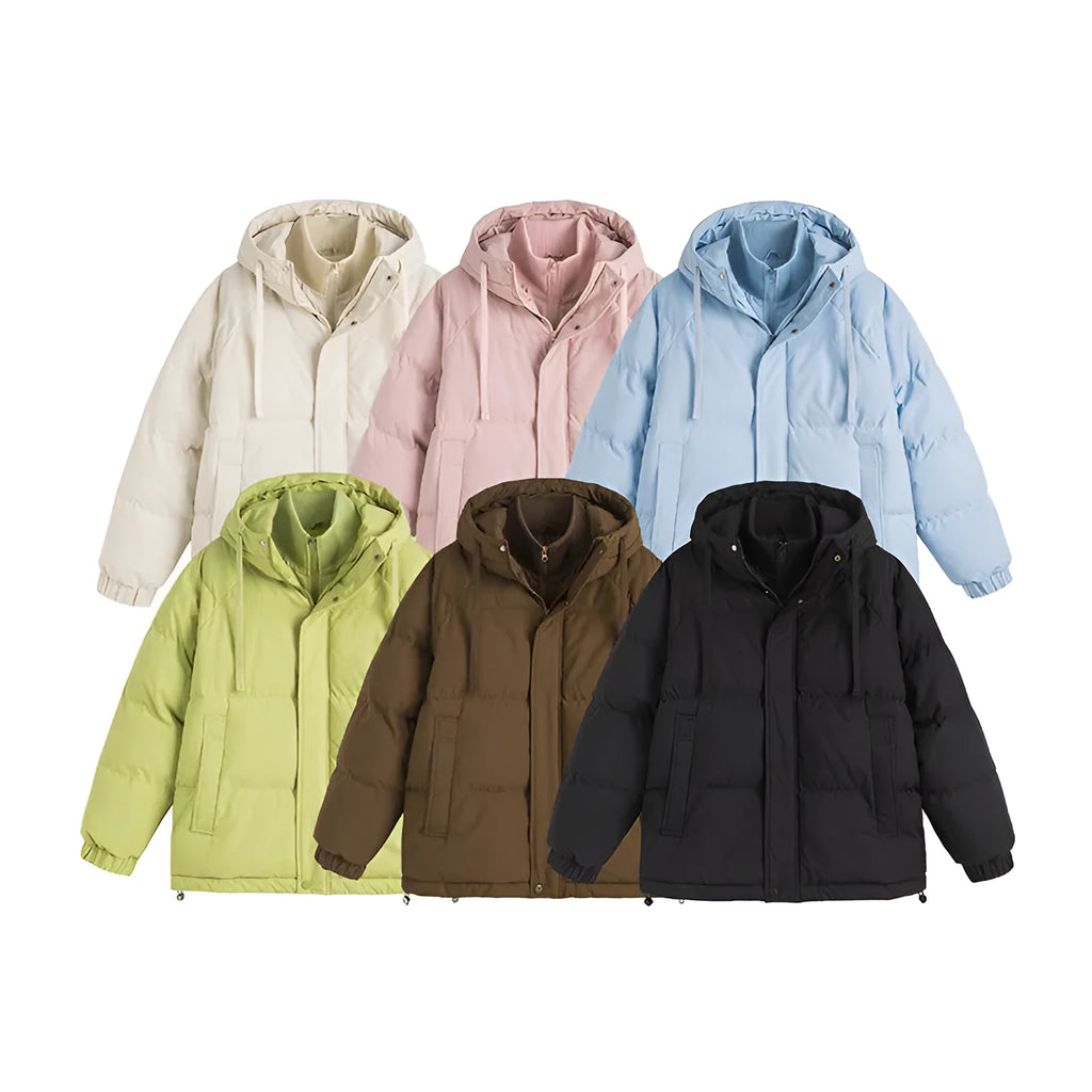 Loose-fitting solid-colour winter cotton-padded jacket with side pockets, shown on a hanger.
