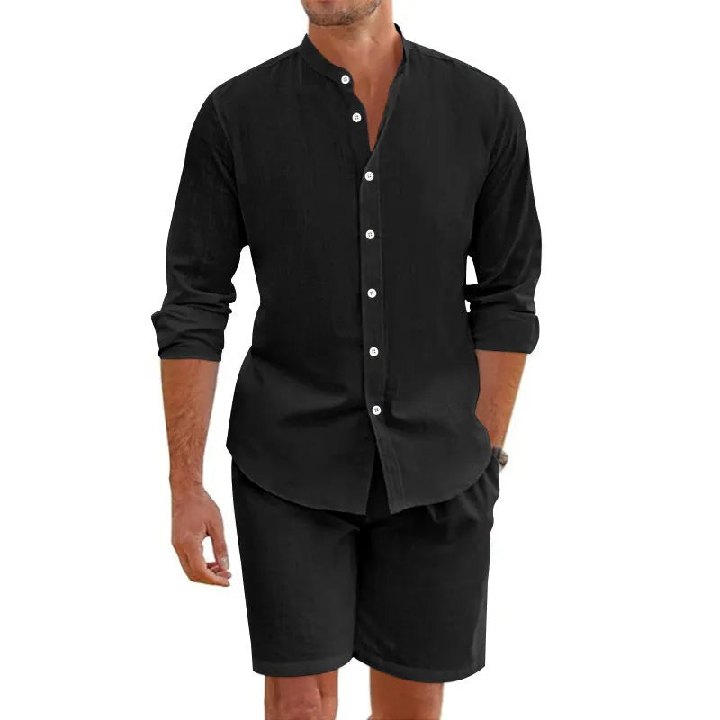 Men's summer short sleeve shirt and drawstring shorts suit in hemp blend fabric