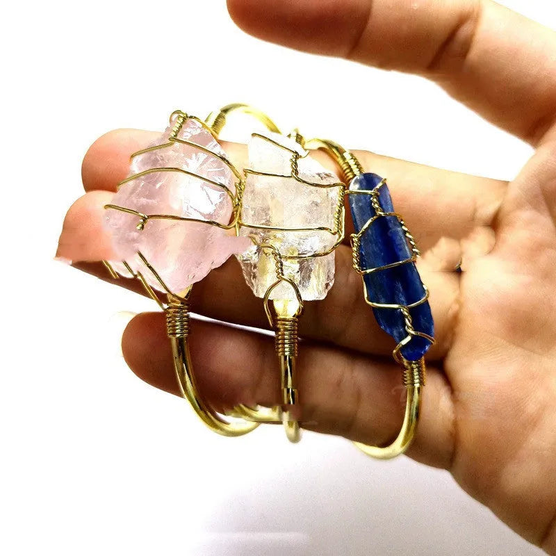Natural crystal rough stone bracelet with gold winding geometric design in bohemian ethnic style