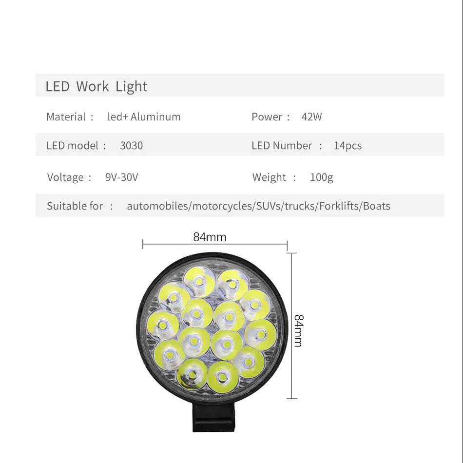 Mini round aluminium car LED work light with white light, shown for off-road vehicle installation.