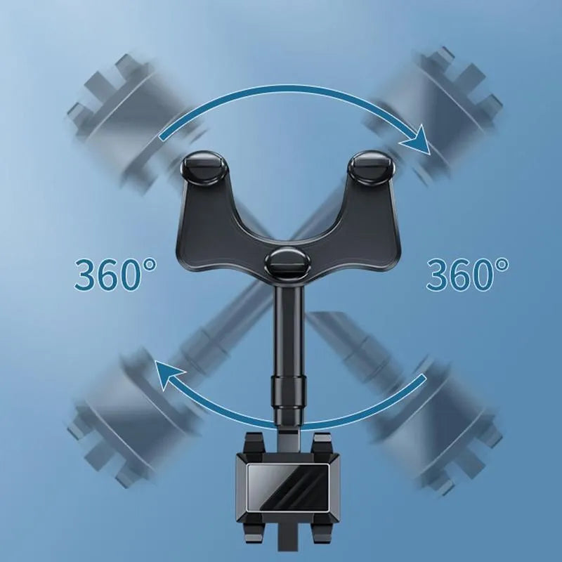 Black rearview mirror car phone holder with retractable arm and 360-degree rotating phone clip.