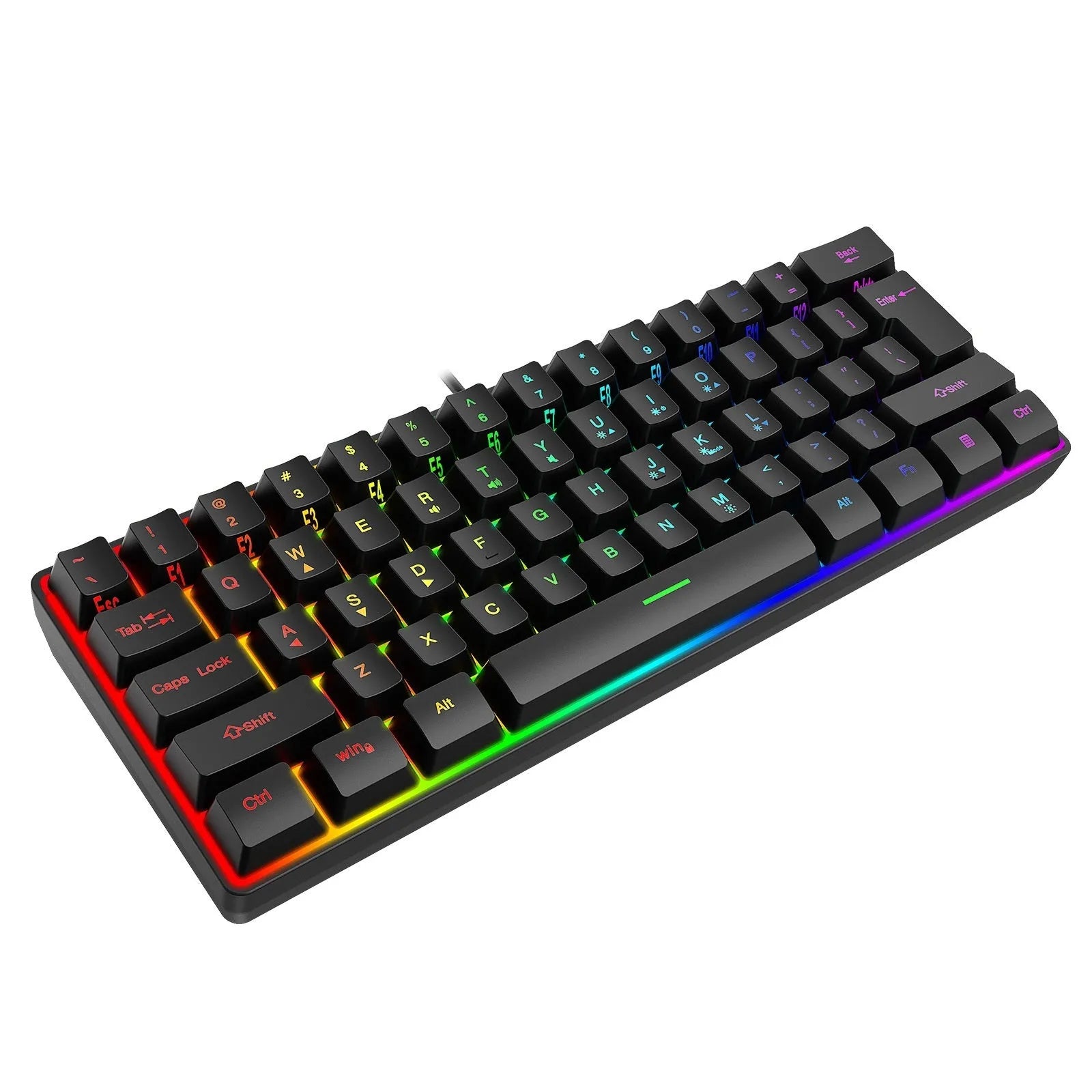 Compact RGB keyboard with wired USB cable and ABS casing, 30x11x2.5cm, in black with backlit keys