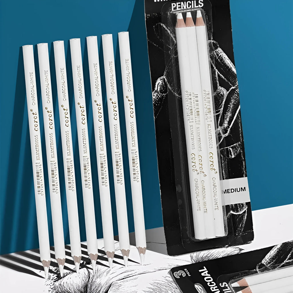 Three white charcoal pencils in wooden casings for art sketching on dark paper