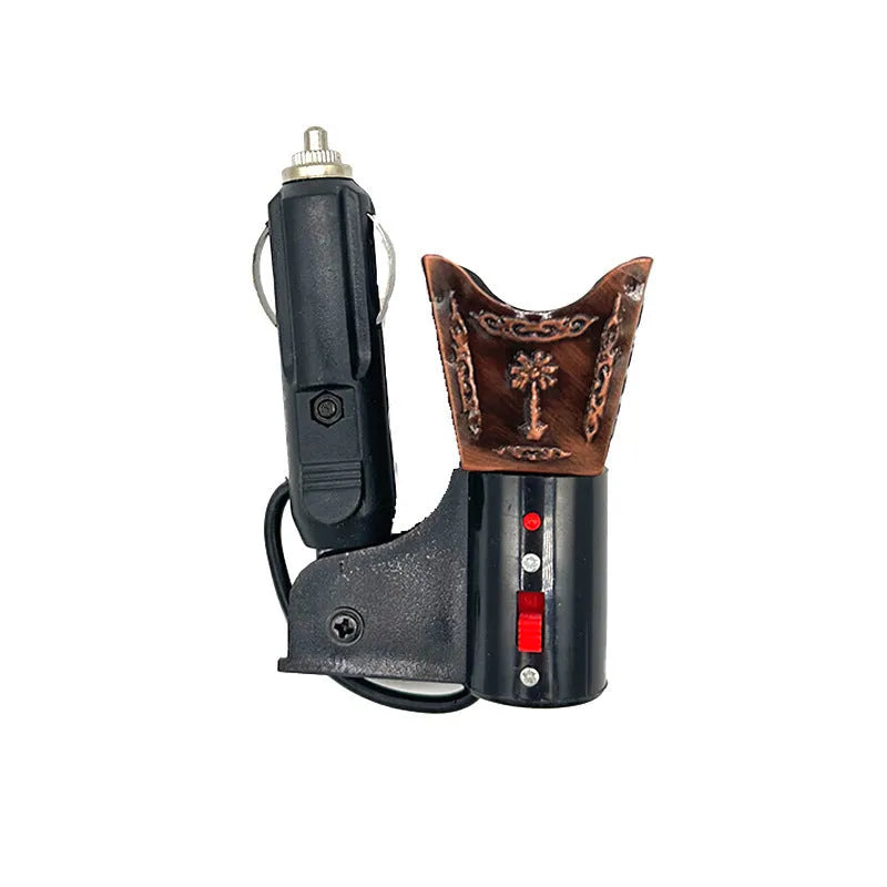 Classical style iron incense burner with electroplated finish and 12V car adapter.