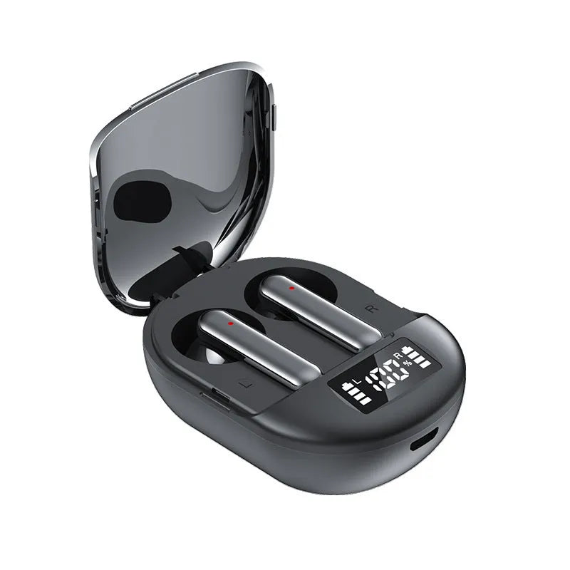 Black and white wireless Bluetooth earbuds with charging case showing digital display screen