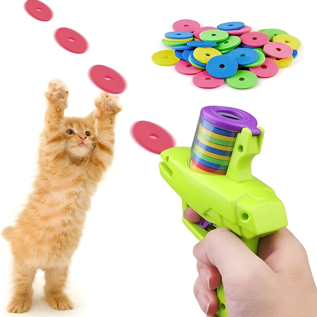 Interactive cat toy launcher with foam discs in green or purple colour options