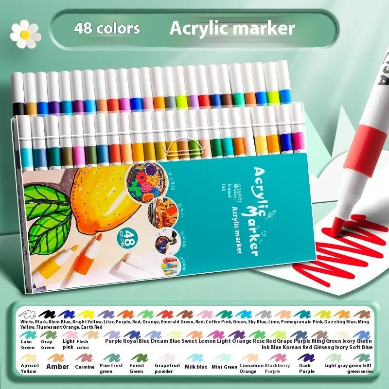Box of acrylic marker pens for student painting with true colour pigments in multicolour assortment