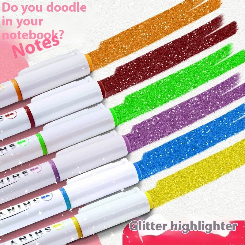 Four glitter fluorescent highlighter pens with slanted tips in pastel colours including taro puff and mung bean smoothie